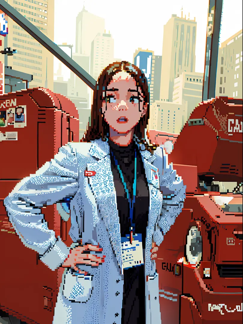 ((pixelart)), woman in blue coat standing in front of large red letters, kailee mandel, photo of young woman, in the background,...