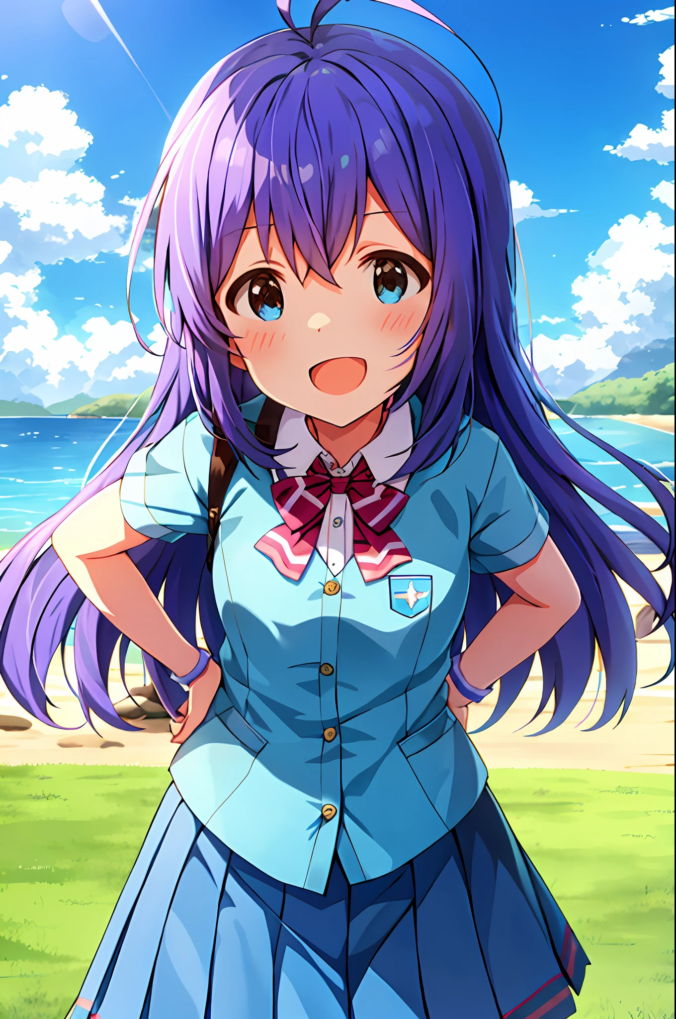 Anna Mochizuki (Million Live), Shiny Trinity \ (Costume), (Best Quality, 8K, Masterpiece, Super Detail: 1.2), Sea, Sun, Dappled Sunlight, Blue Sky, Beautiful Clouds, 1 Girl, Solo, Skirt, Open Mouth, V, View Viewer, White Sailor Color, Blue Shirt, Sailor Color, Blue Skirt, Pleated Skirt, Short Sleeve, :d, Shirt, , Blush, Serafuk, Clavicle, BowPut your hands on your hips, stretch your chest, clench your fists, look up.