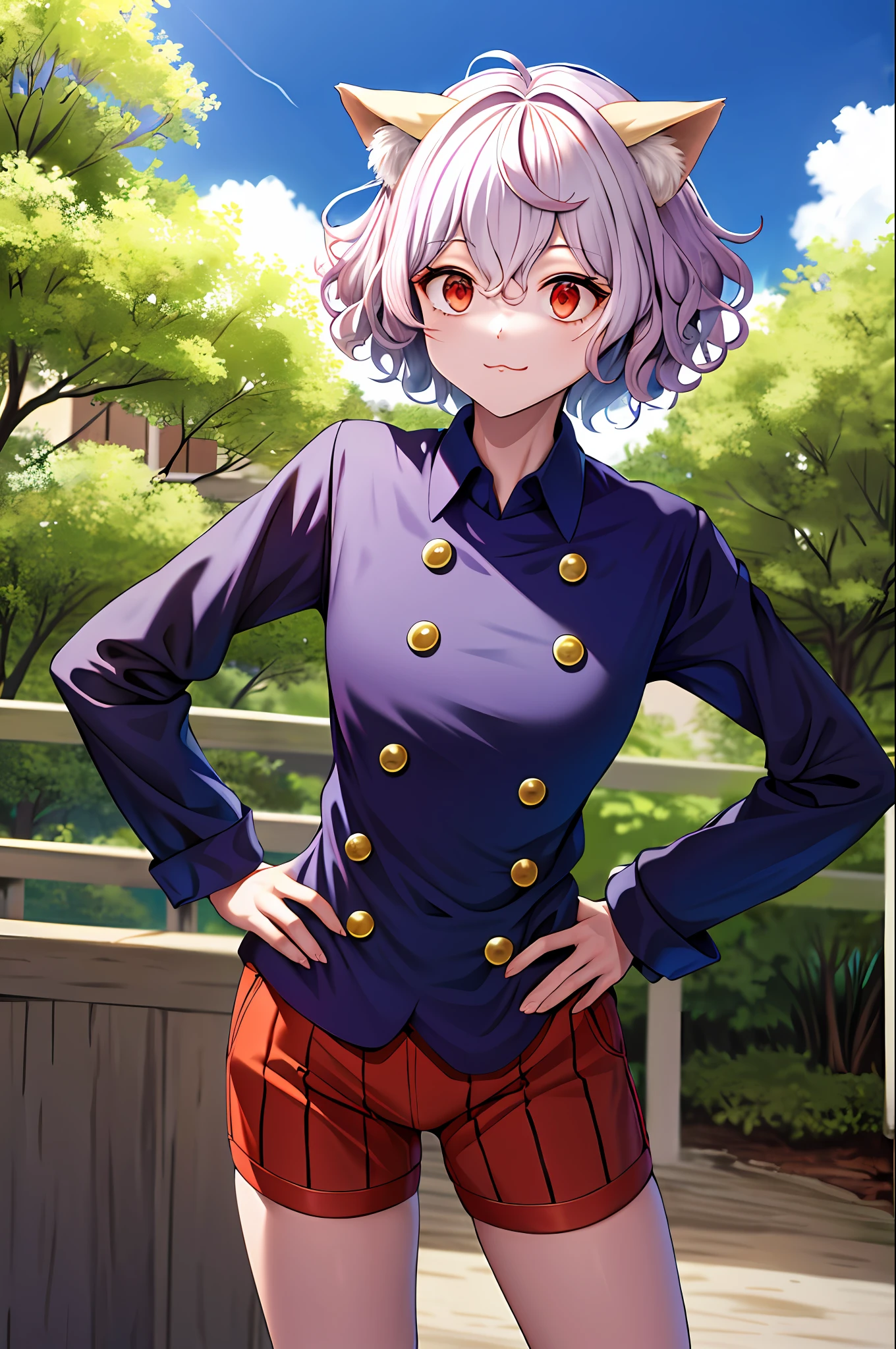 masterpiece, best quality, highres, neferpitou1, cat ears, (cat tail:0.6), solo, short hair, red eyes, long sleeves, hair between eyes, :3, curly hair, striped, cat girl, buttons, striped shorts, town, leaning forward, hand on hip,