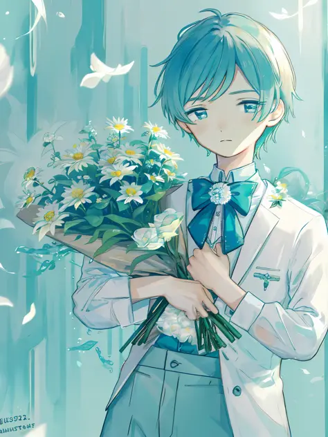 shouhui, a boy, bouquet, closed mouth, daisy, dated, flower, white roses, flowing down,chest focus,aqua eyes