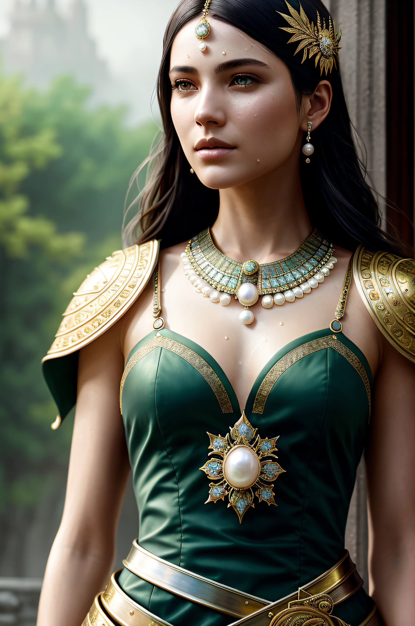 modelshoot style, (extremely detailed CG unit 8k wallpaper), full shot body photo of the most beautiful artwork in the world, British medieval warrior woman, green valley, pearl skin, armor, diamonds, medieval architecture, majestic professional oil painting by Ed Blinkey, Atey Ghailan, Studio Ghibli, by Jeremy Mann, Greg Manchess, Antonio Moro, trend in ArtStation,  trend in CGSociety, Intricate, high detail, sharp focus, dramatic, photorealistic painting art by Midjourney and Greg Rutkowski, huge seior, rain, perfect dripping water drops