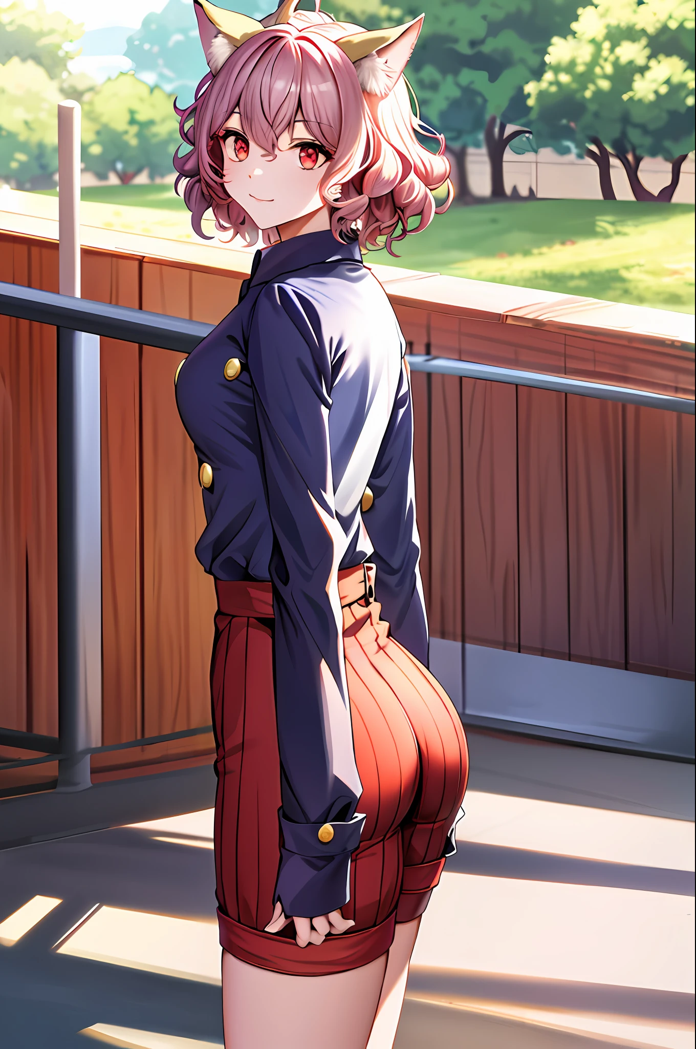 masterpiece, best quality, highres, neferpitou1, cat ears, (cat tail:0.6), solo, short hair, red eyes, long sleeves, hair between eyes, :3, curly hair, striped, cat girl, buttons, striped shorts, cowboy shot, standing, outdoor,