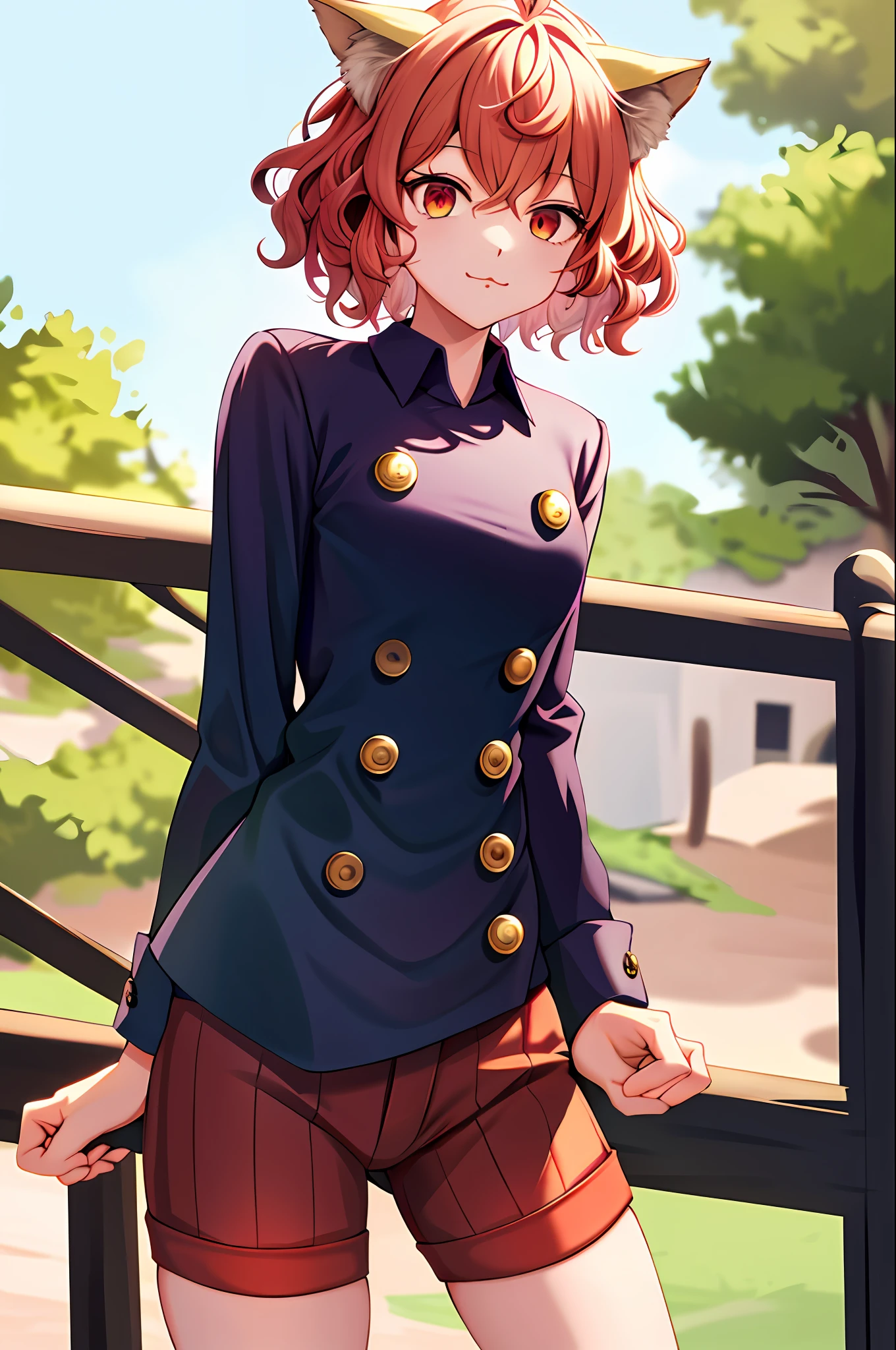 masterpiece, best quality, highres, neferpitou1, cat ears, (cat tail:0.6), solo, short hair, red eyes, long sleeves, hair between eyes, :3, curly hair, striped, cat girl, buttons, striped shorts, cowboy shot, standing, outdoor,