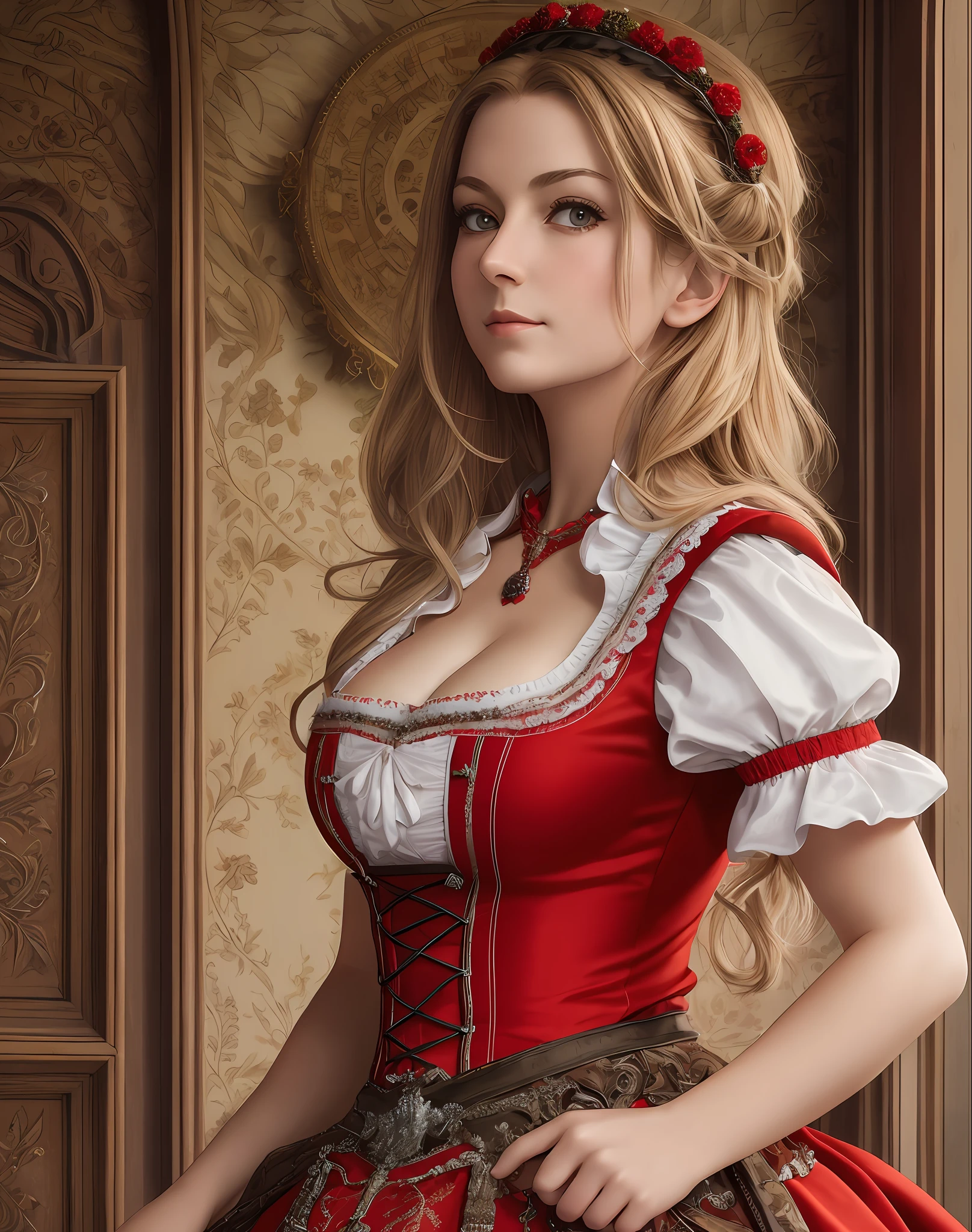 Masterpiece, absurdists, fine details, HDR, highly detailed face and eyes, photorealistic, dirndl, a woman in red dress glued to the body poses for a photo, German woman