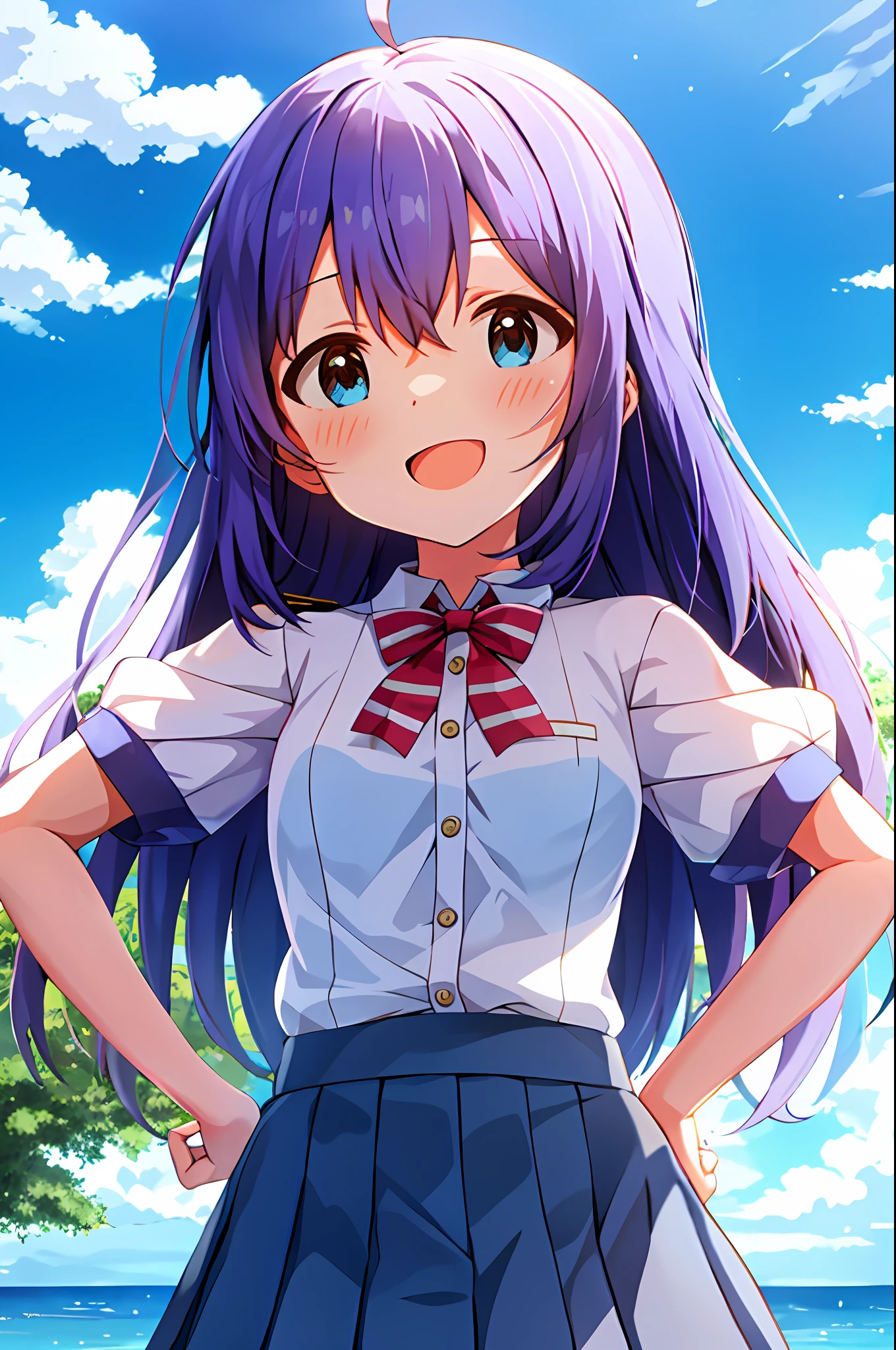 Anna Mochizuki (Million Live), Shiny Trinity \ (Costume), (Best Quality, 8K, Masterpiece, Super Detail: 1.2), Sea, Sun, Dappled Sunlight, Blue Sky, Beautiful Clouds, 1 Girl, Solo, Skirt, Open Mouth, V, View Viewer, White Sailor Color, Blue Shirt, Sailor Color, Blue Skirt, Pleated Skirt, Short Sleeve, :d, Shirt, , Blush, Serafuk, Clavicle, BowPut your hands on your hips, stretch your chest, clench your fists, look from below.