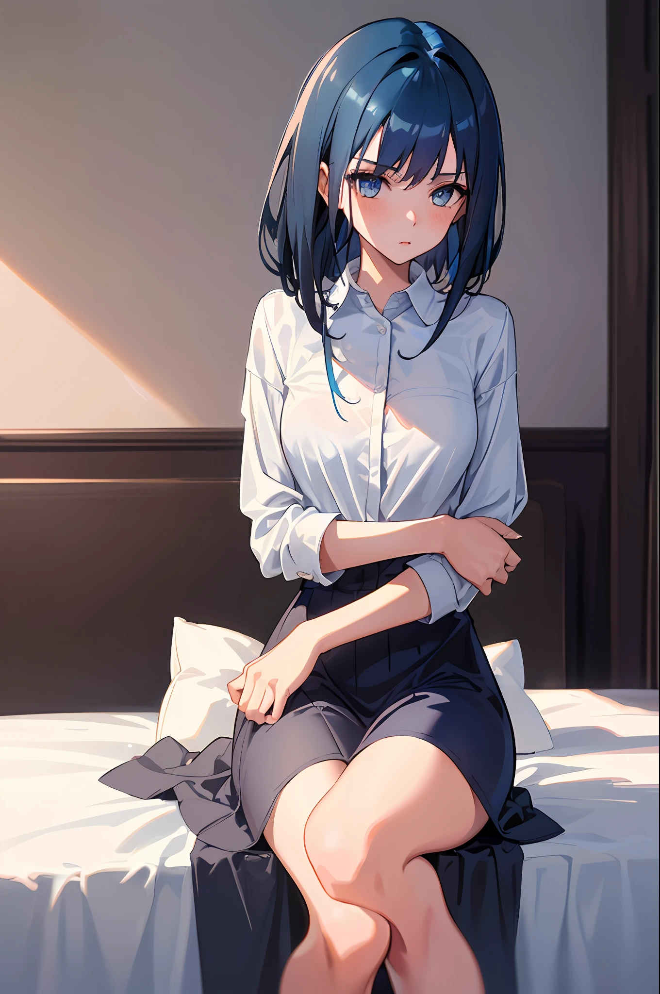 (((1 girl)), ray tracing, (dim lighting), [Detail background (bedroom)), (((dark blue hair)), ((Dark blue hair), (Fluffy dark blue hair, slender girl))) Short hair))) Avoid golden eyes in a sinister bedroom ((Naked oversized shirt)), sitting, showing hands between legs, blushing, delicate slim figure and graceful curves, medium breasts
