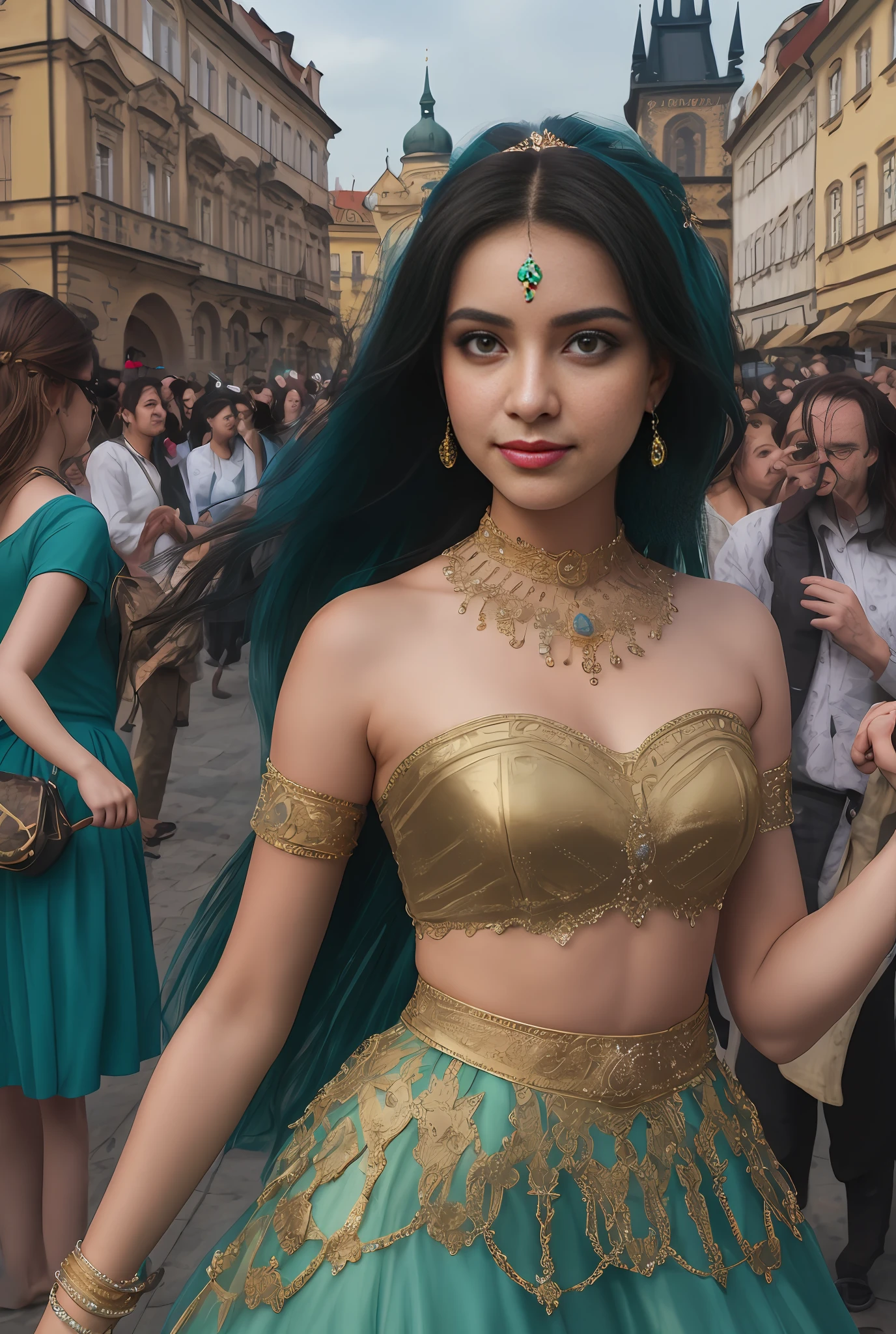 (masterpiece, best quality, realistic),
1girl,Prague Old Town Square background, gypsy dress,(princess eyes,shiny pupils),dancing, intricate,teal hue dress, gold, gypsy person, banquet, crowd, picking up skirt,pale skin,
[slight smile],