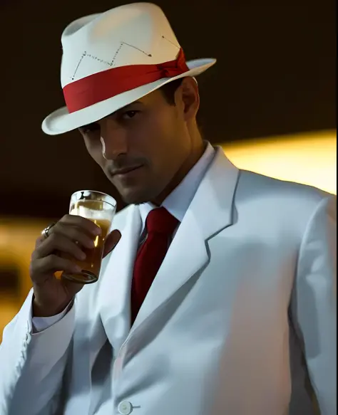 There is a man in a white suit and red tie holding a beer, white suit and hat, wearing white suit, with cigar, a man in a hat, tilting his fedora, with a drink, holding a drink, profile picture, white suit, wearing futuristic white suit, profile picture