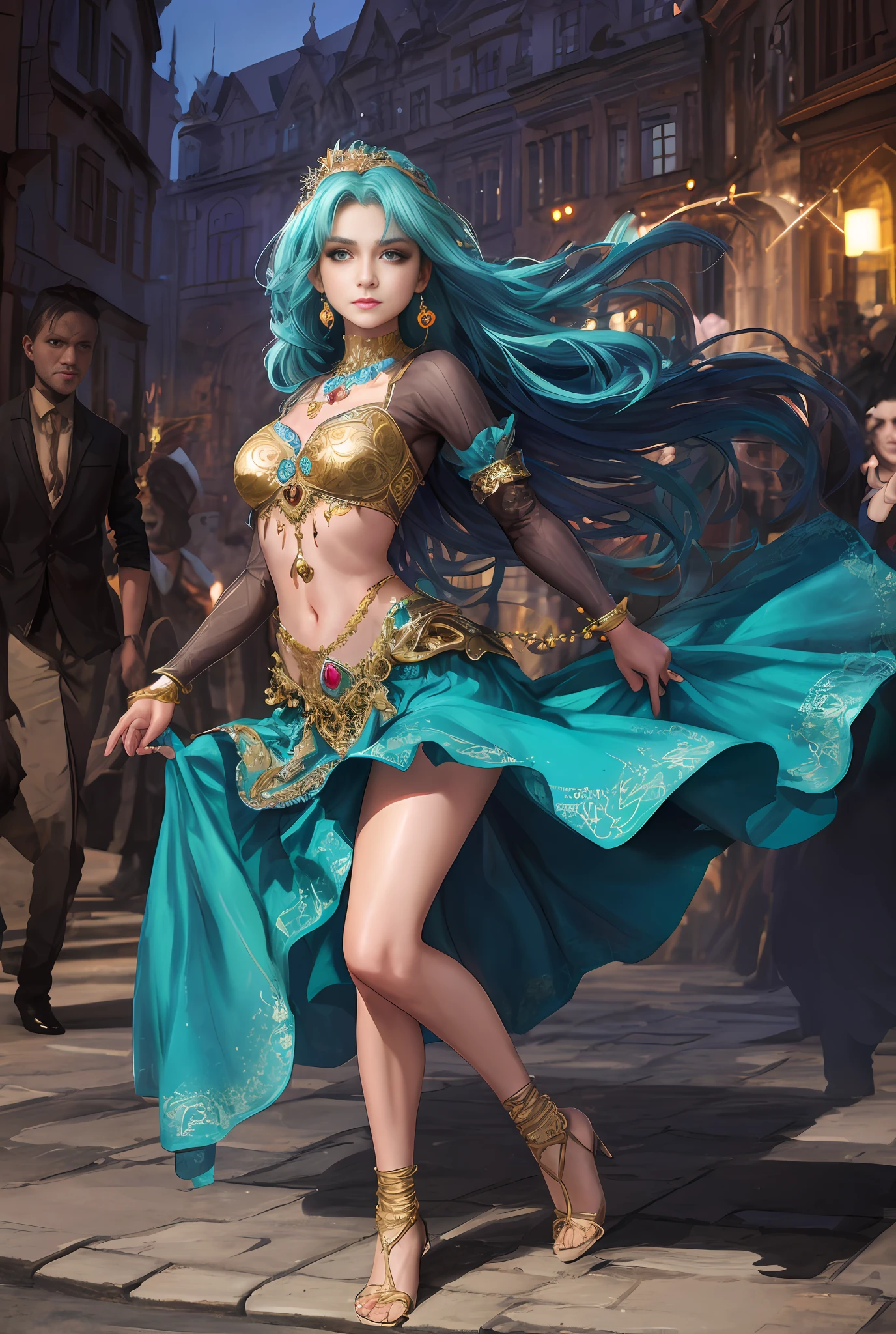 (masterpiece, best quality, realistic),
1girl,Prague Old Town Square background, gypsy dress,(princess eyes,shiny pupils),dancing, intricate,teal hue dress, gold, gypsy person, banquet, crowd, picking up skirt,pale skin,
[slight smile],