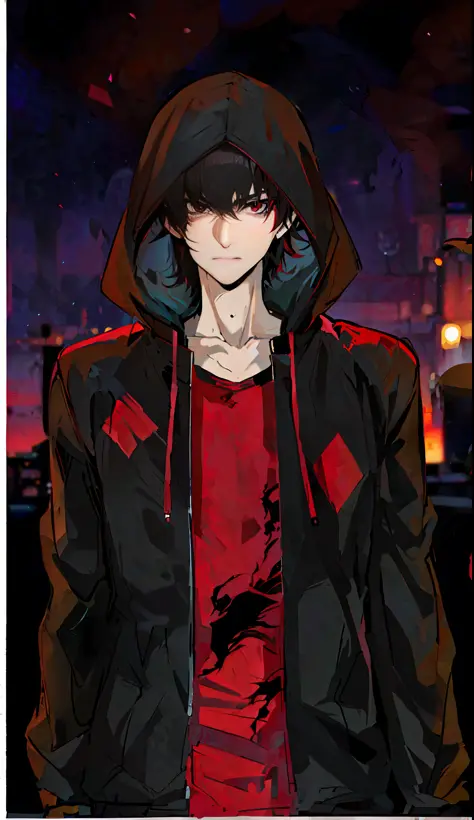 anime boy with hoodie with red shirt and black jacket,, tall anime boy with red eyes, male anime style, full body black and red ...