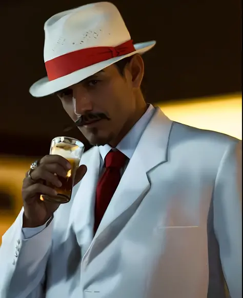 There is a man with thin mustache and goatee in white suit and red tie holding a beer, white suit and hat, wearing white suit, with cigar, a man in a hat, tilting his fedora, with a drink, holding a drink, profile picture, white suit, wearing futuristic wh...