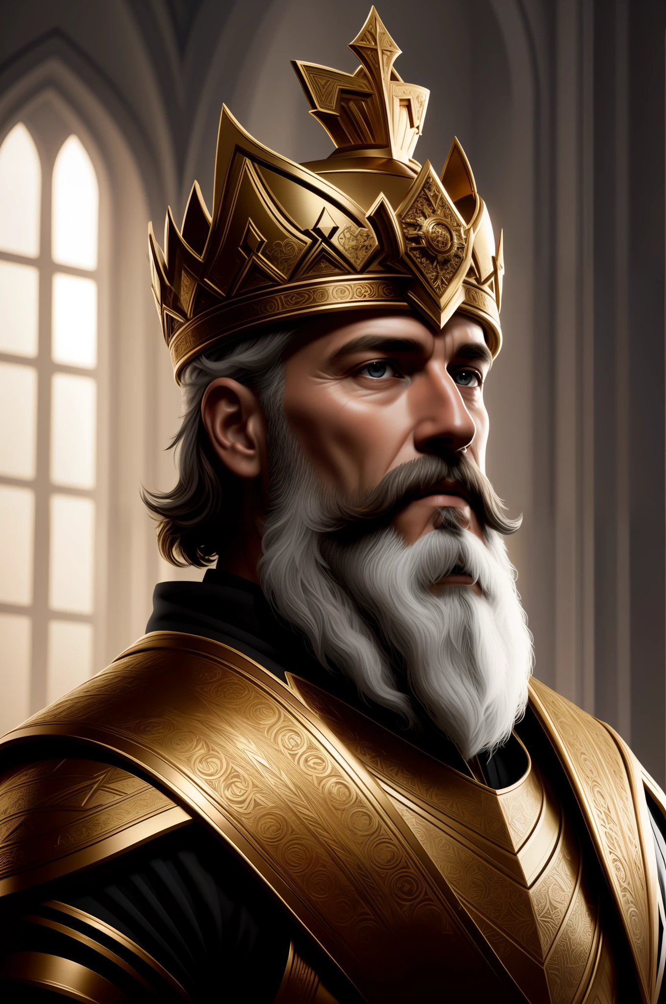 best quality, 500px, cgsociety, 8k, raw photo of (beautiful: 1.2) human king, dress king's crown, king's armor, 40yo, beard, in castle, full body, ambient light, backlight, volumetric lighting, realistic, realistic lighting, cinematic lighting, depth of field, sharp focus, (high contrast: 1.2), (film grain), jewish symbols, star of david on the crown.