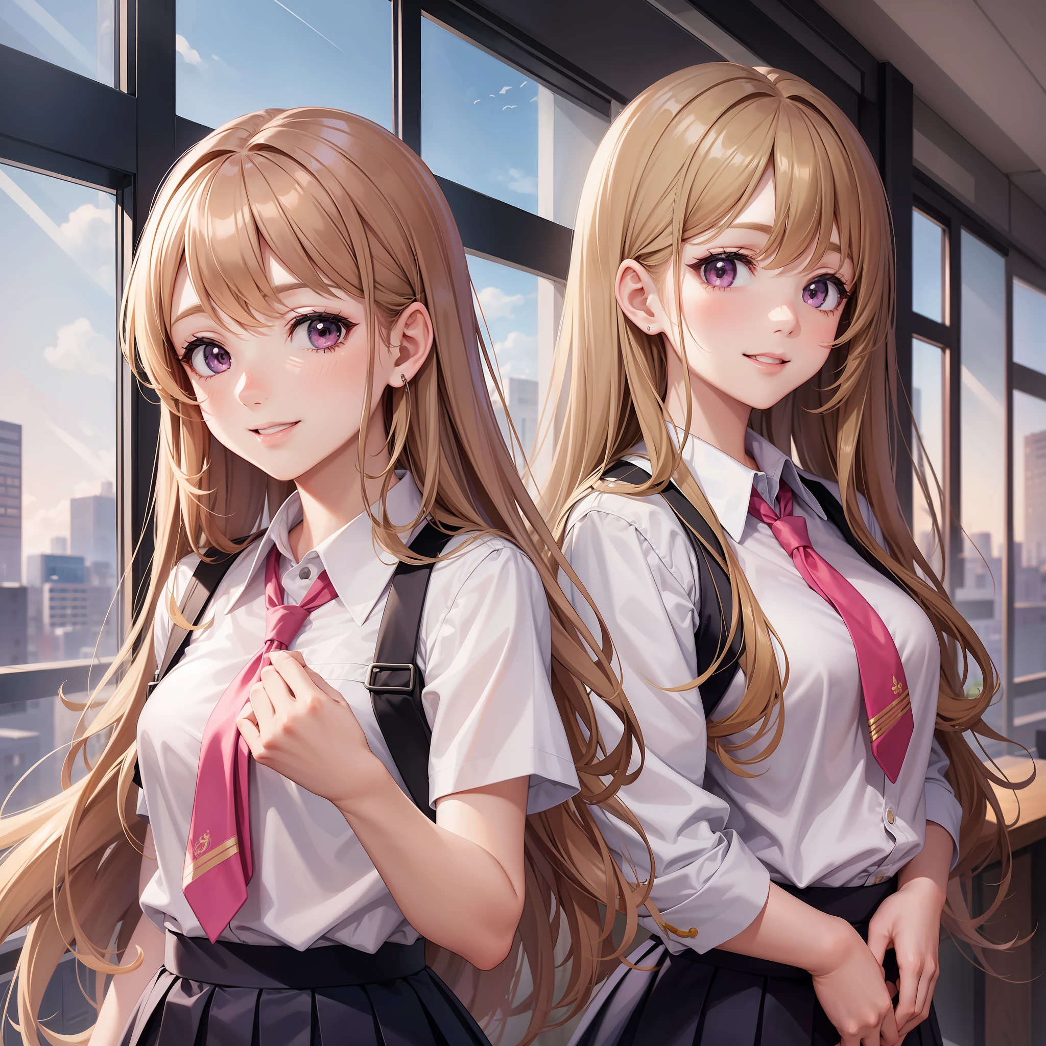 girl smiling  best quality girl few girls harem masterpiece long hair blonde brown hair pink