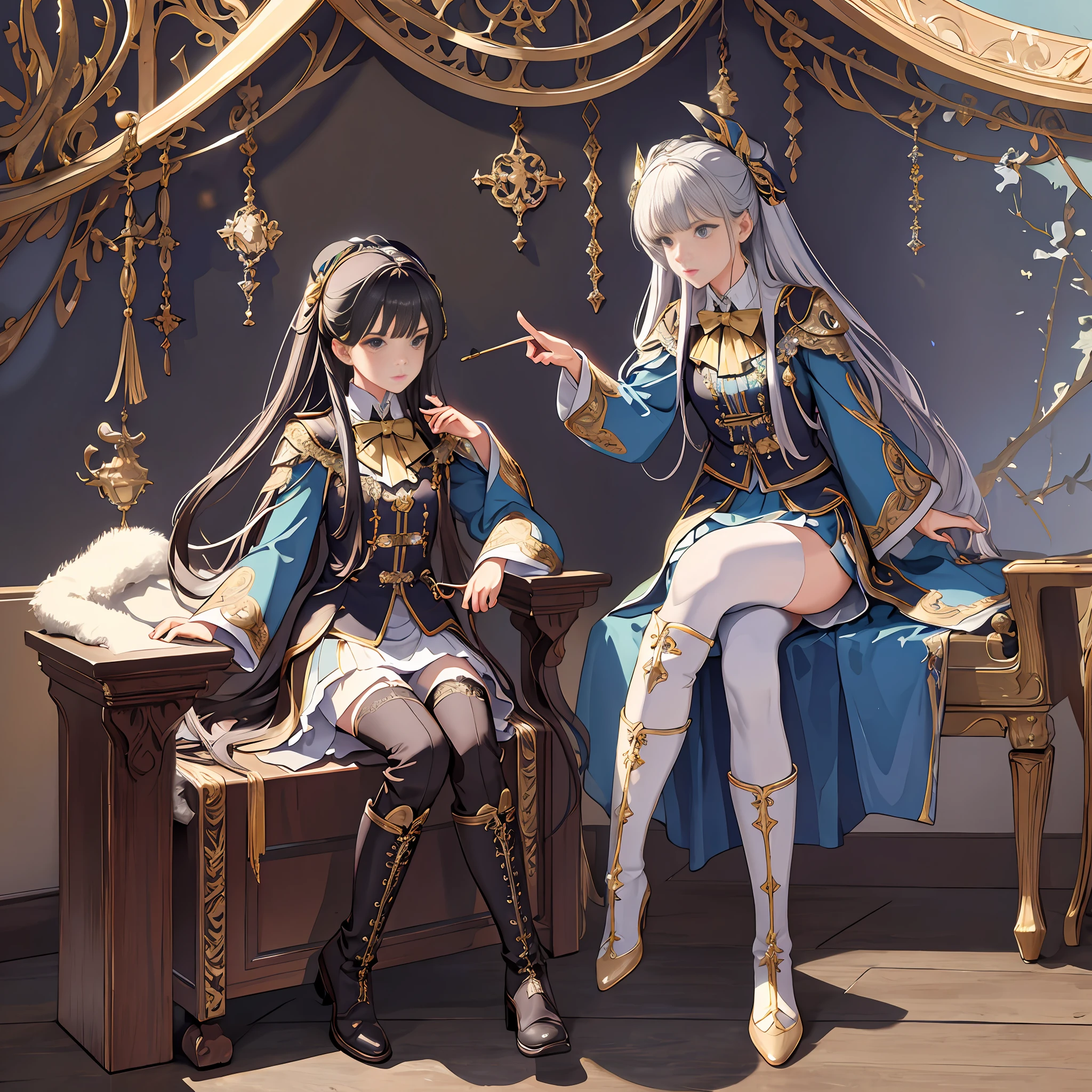 Official Art, Unity 8k wallpaper, super detailed, beautiful, beautiful, masterpiece, best quality, super detailed textures, asymmetrical aesthetics, dark, epic, atmospheric, mystical, taboo, art, victorian, military uniform, uniform, decoration, intricate, gold and silver products, supernatural, costume design, lace embellishment, 2 girls, leg cocked, sitting, stockings, boots, elegant, physically based rendering, high resolution