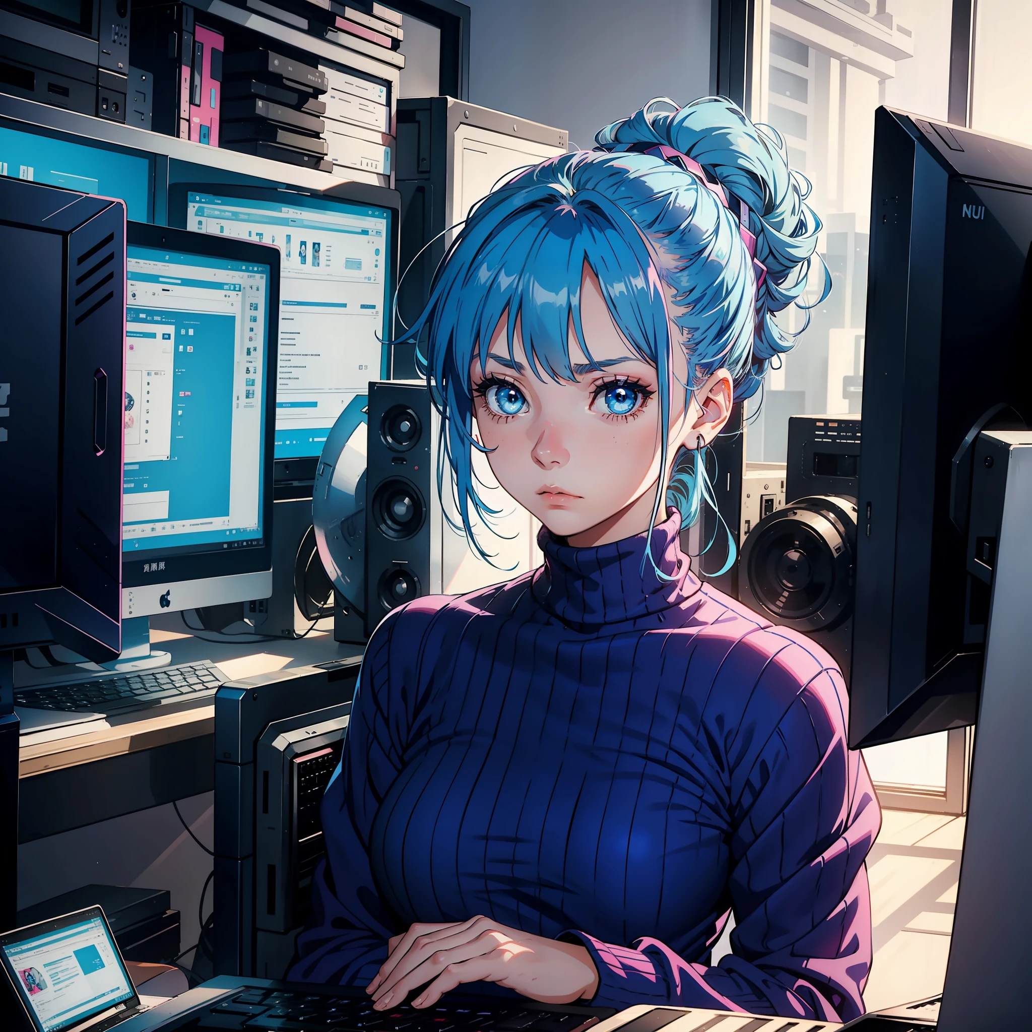 一名 20 岁蓝头发女孩, 蓝眼睛, 发髻, 高领粉色连衣裙, 看着电脑屏幕, 悲伤的表情, 低头, 独自的