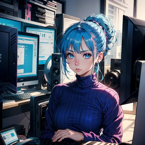 A 20 year old girl with blue hair, blue eyes, updo, turtleneck pink dress, looking at computer screen, sad expression, head down...