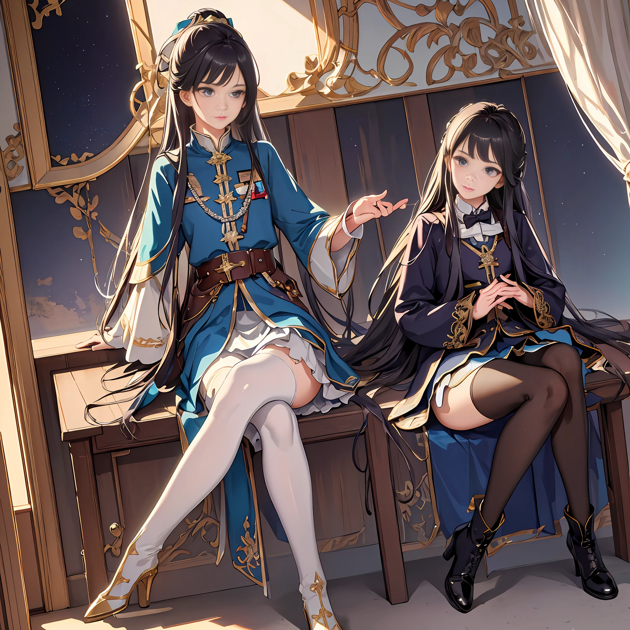 Official Art, Unity 8k wallpaper, super detailed, beautiful, beautiful, masterpiece, best quality, super detailed texture, asymmetrical aesthetic, darkness, epic, atmospheric, mysterious, taboo, art, victorian, military uniform, uniform, decoration, intricate, gold and silver products, supernatural, costume design, lace embellishment, 2 girls, fine eyes, upturned legs, sitting position, stockings, boots, elegant, matching hands, matching legs, professional lighting, photon mapping, radiosity, physically based rendering, High resolution