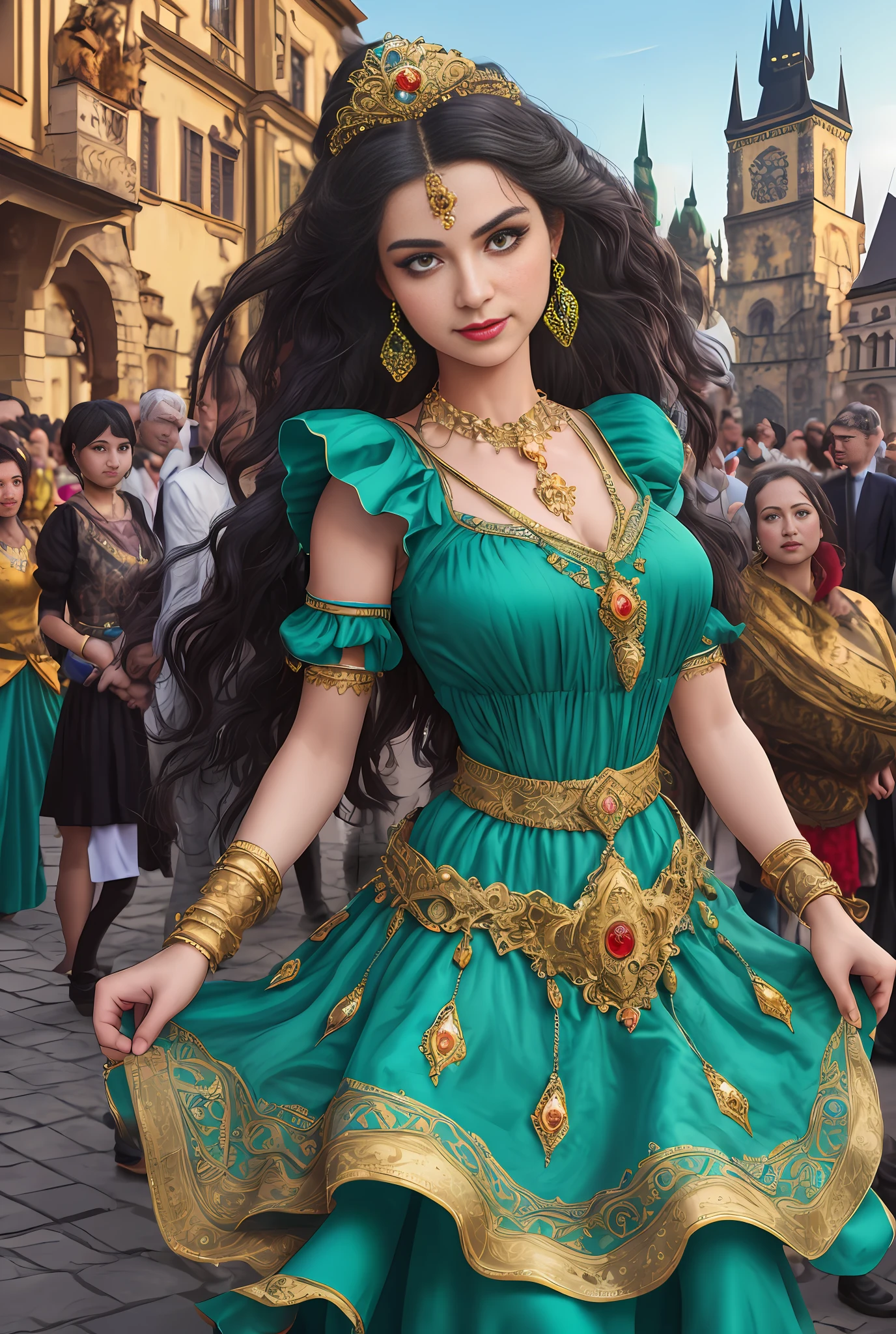 (masterpiece, best quality, realistic),
1girl,Prague Old Town Square background, gypsy dress,(princess eyes,shiny pupils),dancing, intricate,teal hue dress, gold, gypsy person, banquet, crowd, picking up skirt,pale skin,
[slight smile],