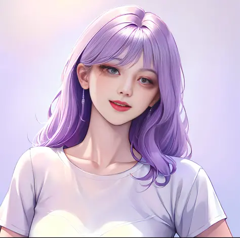 (masterpiece),(best quality),comic,Detailed CG,Unified 8K Wallpapers,
1 Girl,Earrings,Exquisite makeup,Clean face,Long light purple hair,smile,Eye close-up,bangs,Facing the camera,looking at the audience,Upper body,White background,White T-shirt,