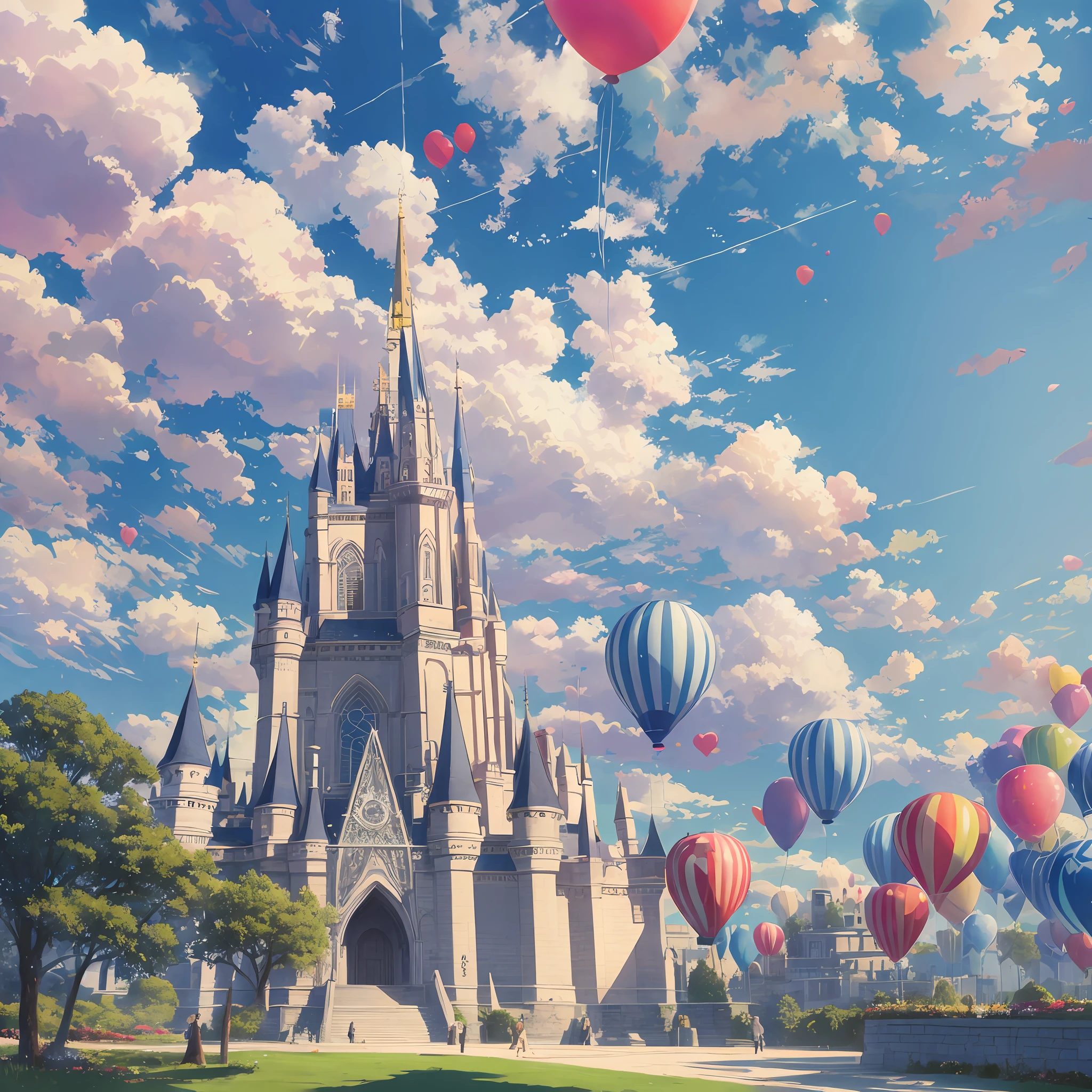 Miggy, castle, sky, outdoor, clouds, landscape, no people, flowers, balloons, blue sky, sky. --auto --s2