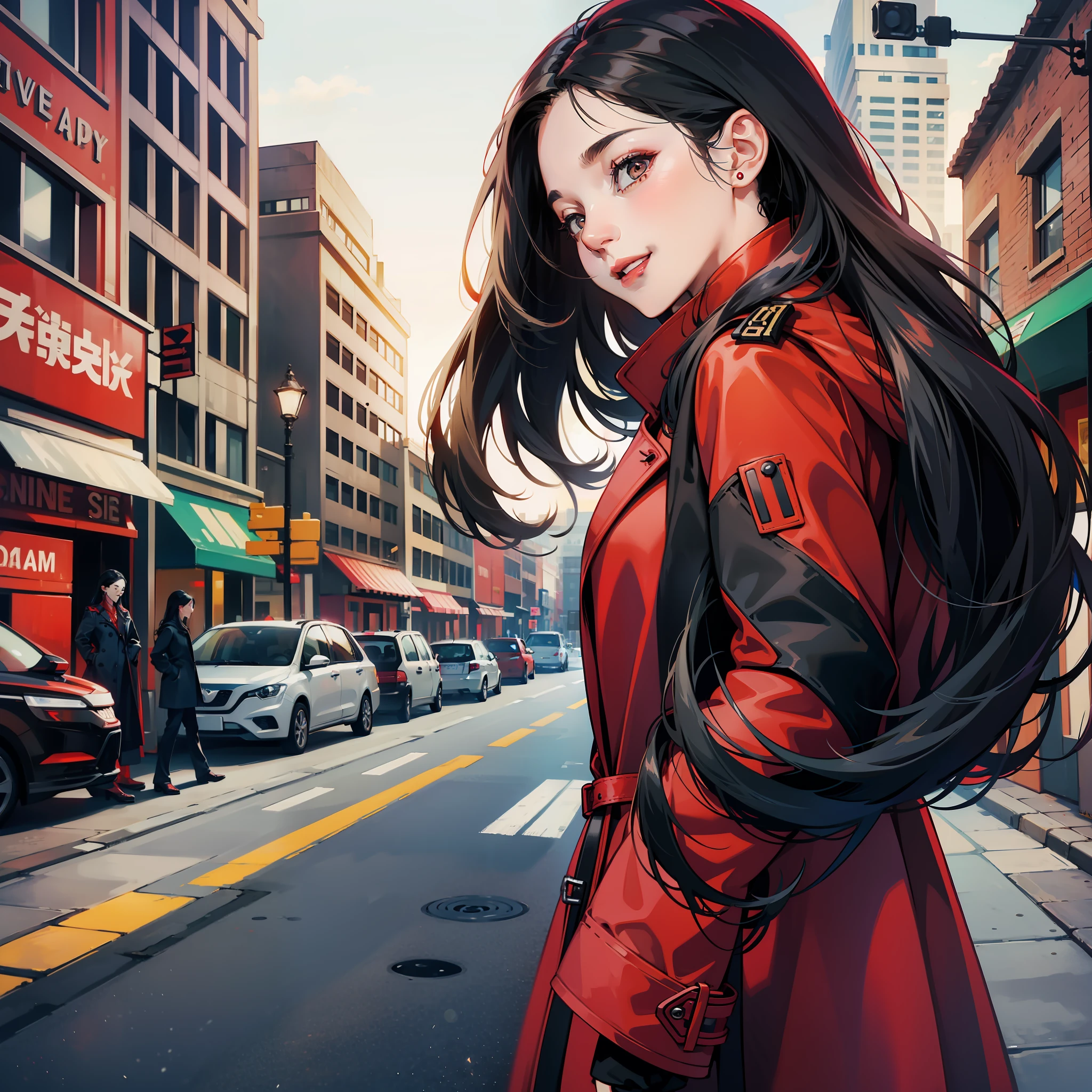 Female, side face, smile (0.1), long black hair, red trench coat, city street, bust, back