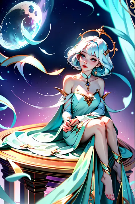 a close up of a woman in a dress sitting on a table, lunar themed attire, ethereal and dreamy, ethereal fairytale, ethereal fant...