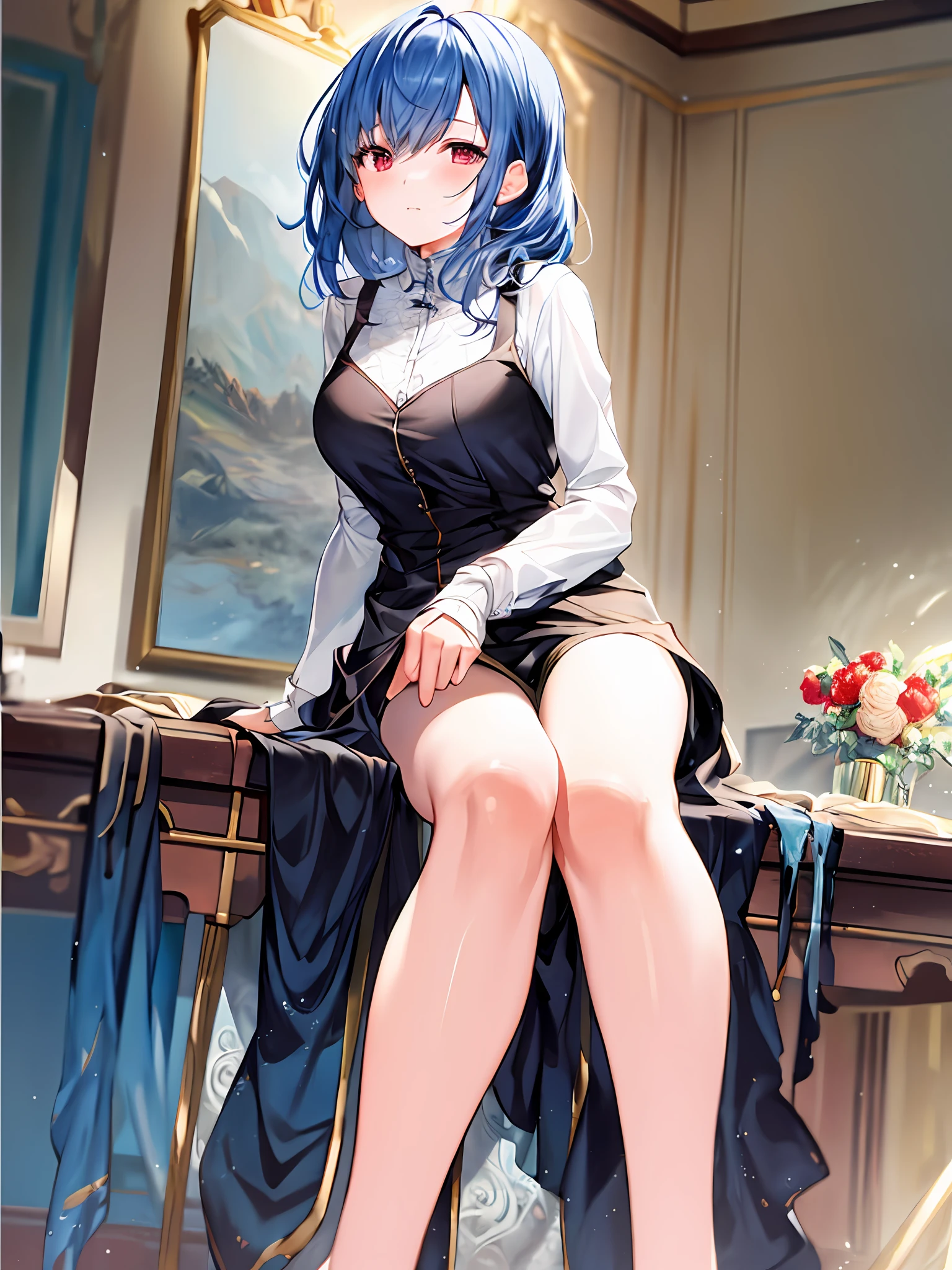 ((Best Quality, 8K, Masterpiece: 1.3)),1 girl, mature and charming woman, blue hair, coming out of the bathroom, feet,dress,Dripping hair, getting dressed,room,Red knot,