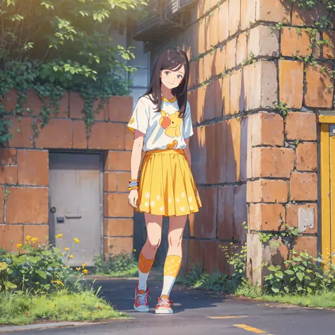 (cool outfit + women's clothing + long hair), orange and yellow short skirt, hand pockets, shallow smile on the face, patterned ...