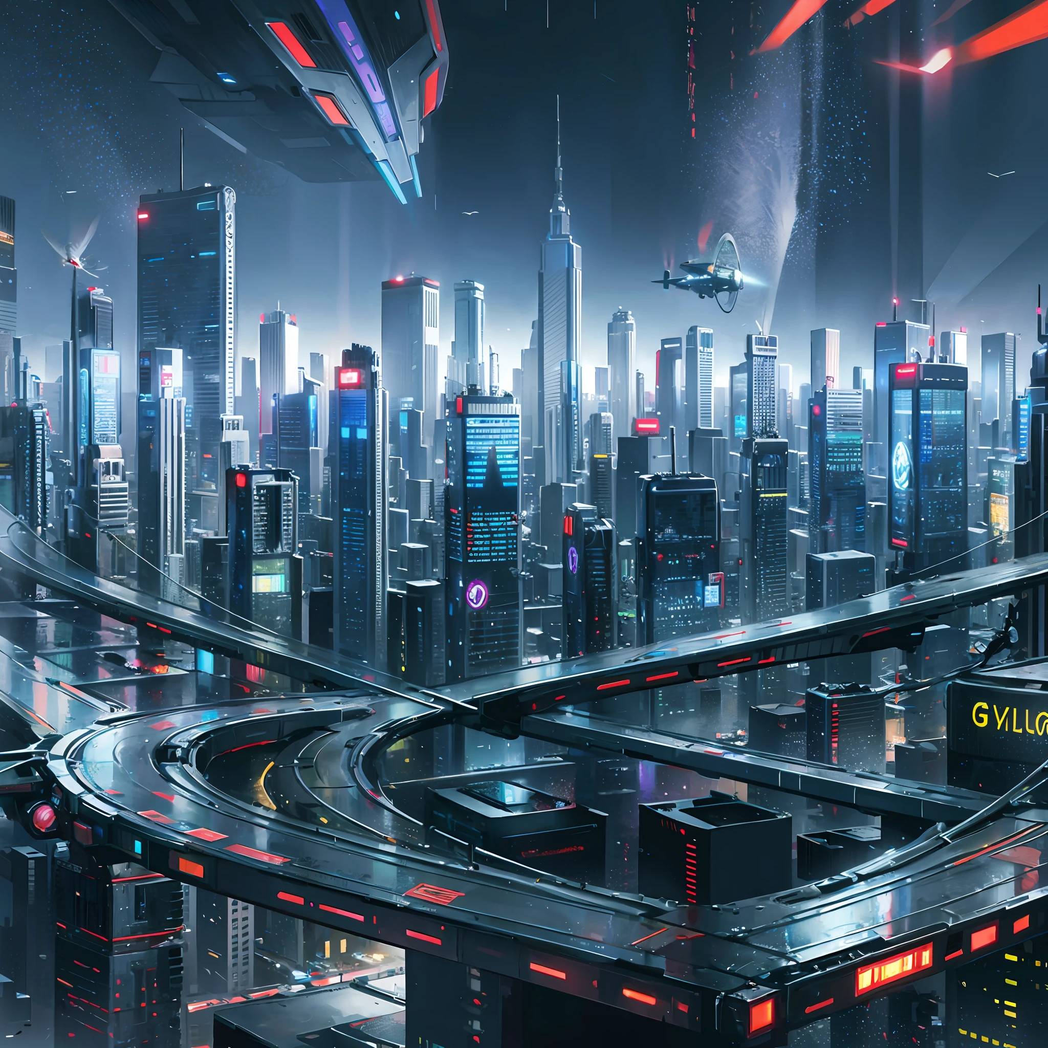 Fliegende Autos mit Blick auf den Stadthimmel, galaxy, fliegendes Auto Nahaufnahme, Filmszenen, verfallende Stadtnachtszenen, Surrealismus, Metaverse futuristische Technologie, cyberpunk, Autos auf der Straße in der Stadt --auto --s2