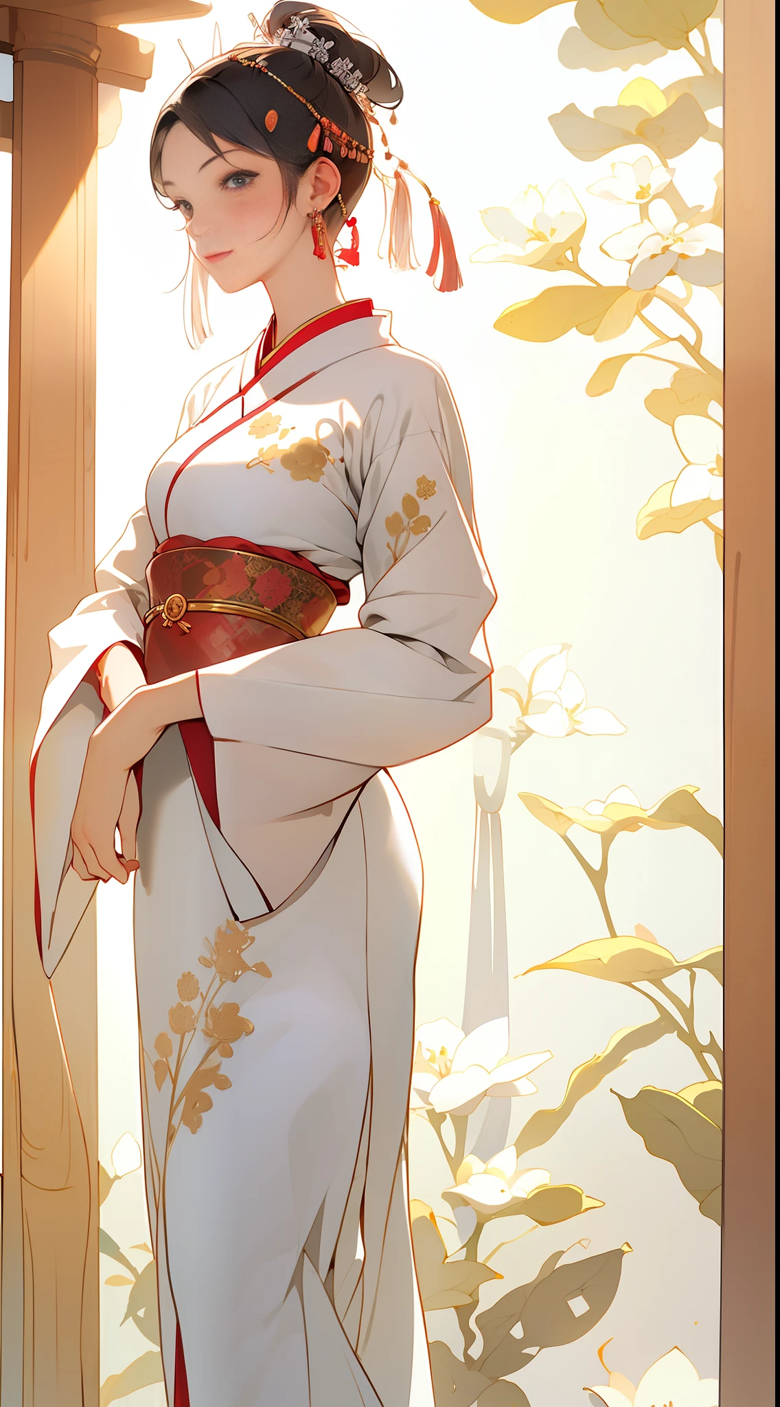 ((illustration of a woman in ancient Chinese clothing)), (1 girl solo), close-up, facing the camera, (gentle eyes), (ancient Chinese clothes, embroidered robes, embroidered collared Uesugi, white large-sleeved shirt, streamers, cloak, silk skirt), ((long black hair, hairpins)), (ancient Chinese clothes, coiled hair, streamers, pale pink lips, tassels, silver thread, beading, embroidery), (clear facial features, detailed skin texture, beautiful face), white background, earrings, standing, (masterpiece, top quality, best quality), ((flat color))),