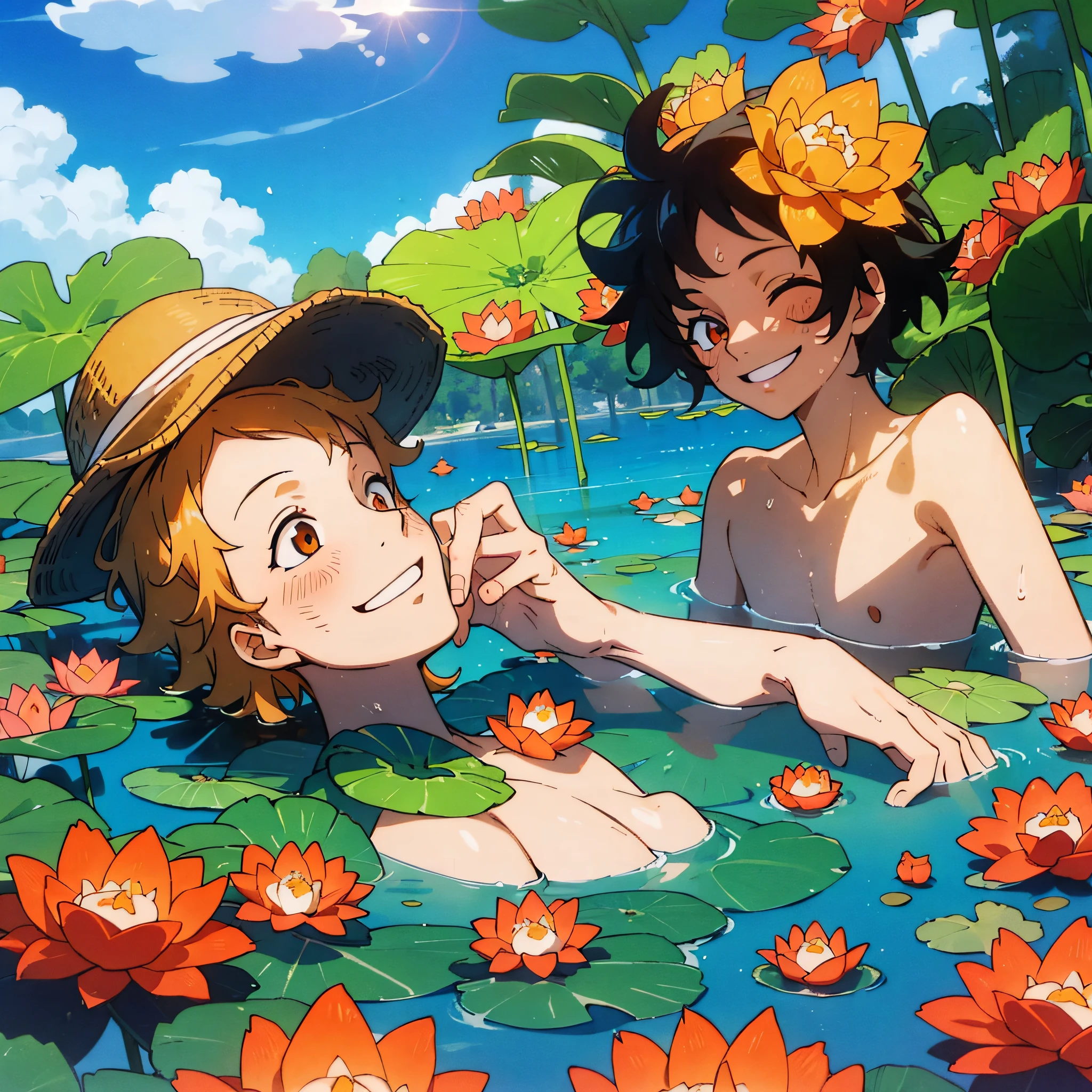 Masterpiece, best quality, 3 orange messy curly boys playing in the water, smiling, fine facial features, lake full of flowers, lotuses, clouds, sun, clean blue sky, having fun, summer