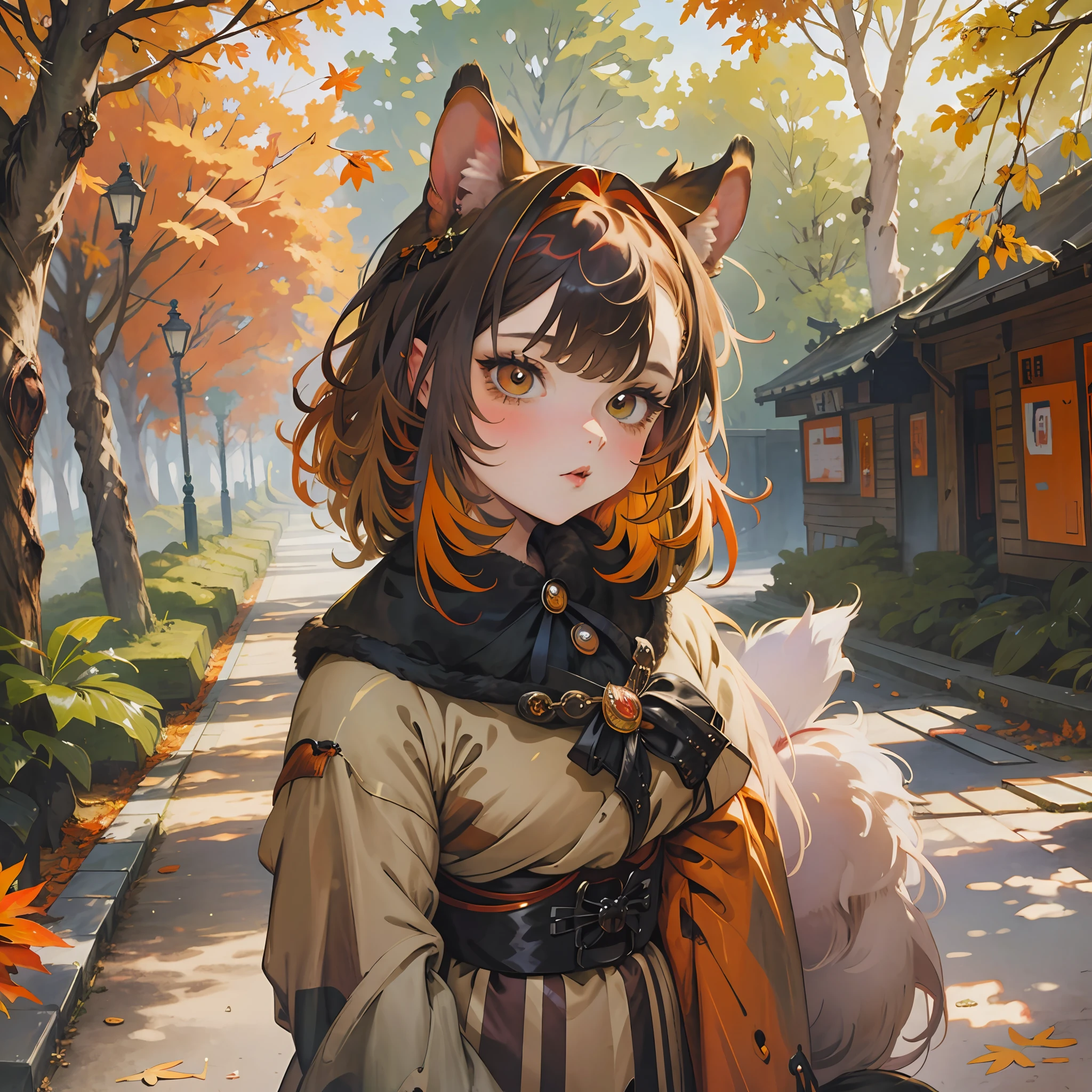 1gir, squirrel ears, fluffy squirrel tail, furry tail, very kawaii and cute, autumn vibes, fallen leaves all around, in a cute natural park full of decorations and vegetation, her hair is auburn with black stripes, eyes are black, her outfit is cozy and with muted earthy color palette with a few bright orange details, happy with mouth open --auto --s2