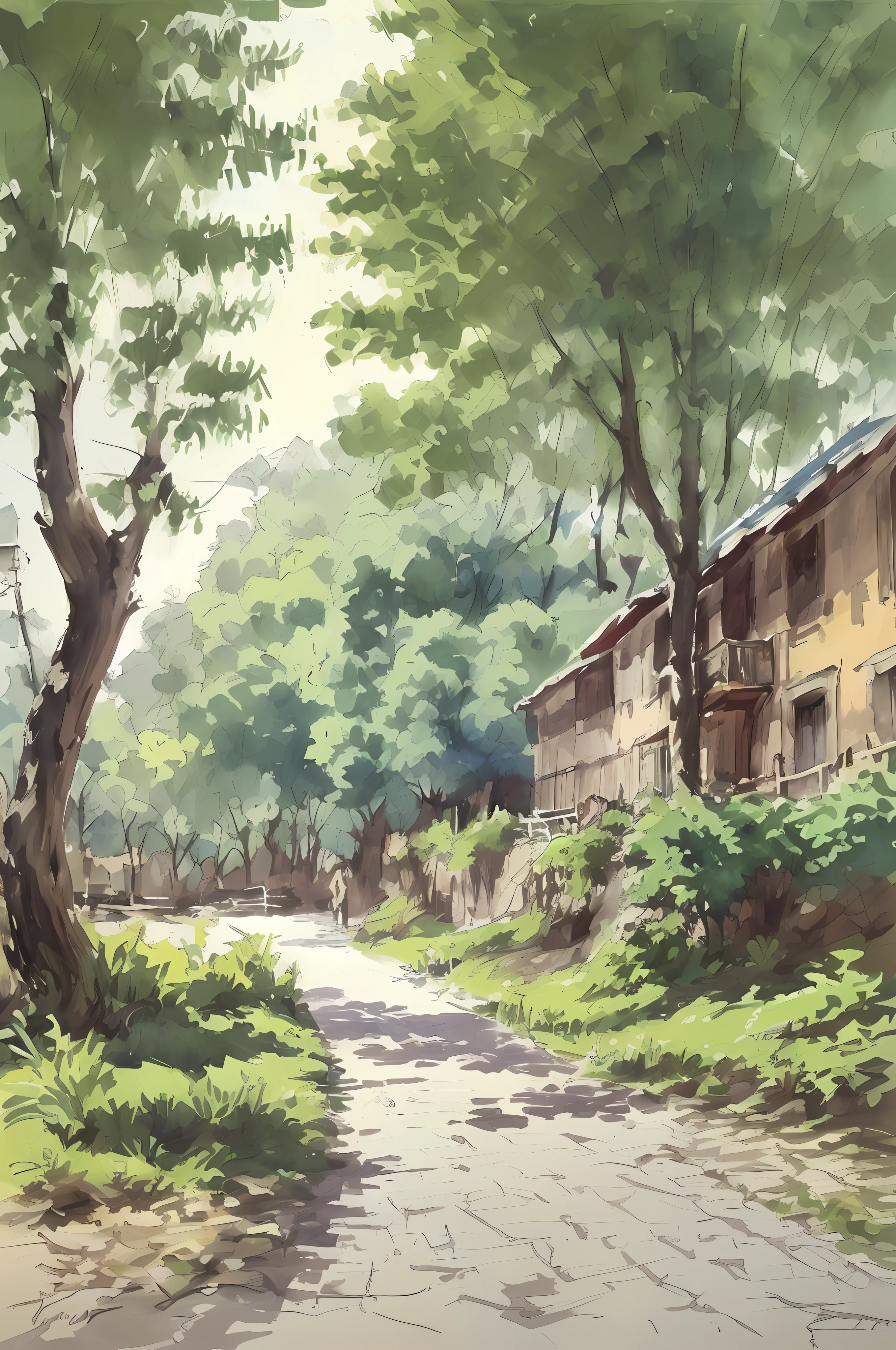 pintura de acuarela, Pequeño camino de casas rurales chinas., árboles, sol brillante, sombra,