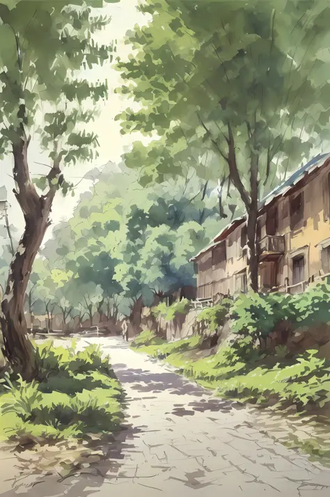 watercolor painting, small path of chinese rural houses, trees, bright sun, shade,