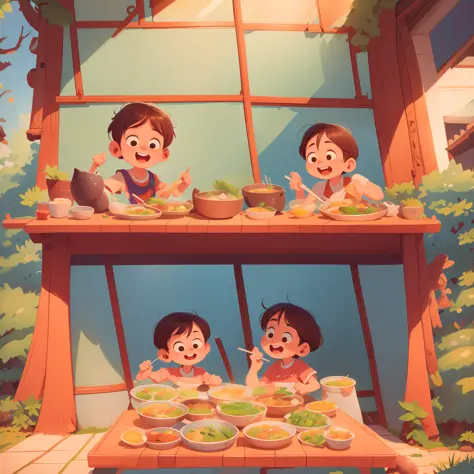 Eating together for two people at table, eating hot pot together, chicken soup hot pot, happy cartoon, hd illustration, exciting...