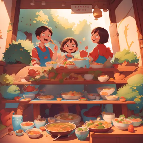 Eating together for two people at table, eating hot pot together, chicken soup hot pot, happy cartoon, hd illustration, exciting...