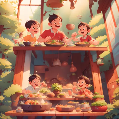 Eating together for two people at table, eating hot pot together, chicken soup hot pot, happy cartoon, hd illustration, exciting...