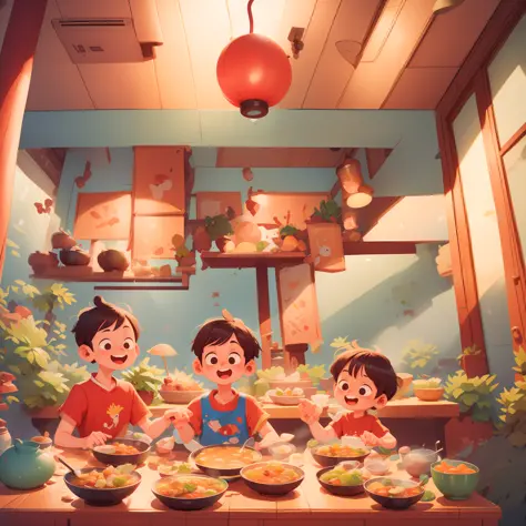 Eating together for two people at table, eating hot pot together, chicken soup hot pot, happy cartoon, hd illustration, exciting...