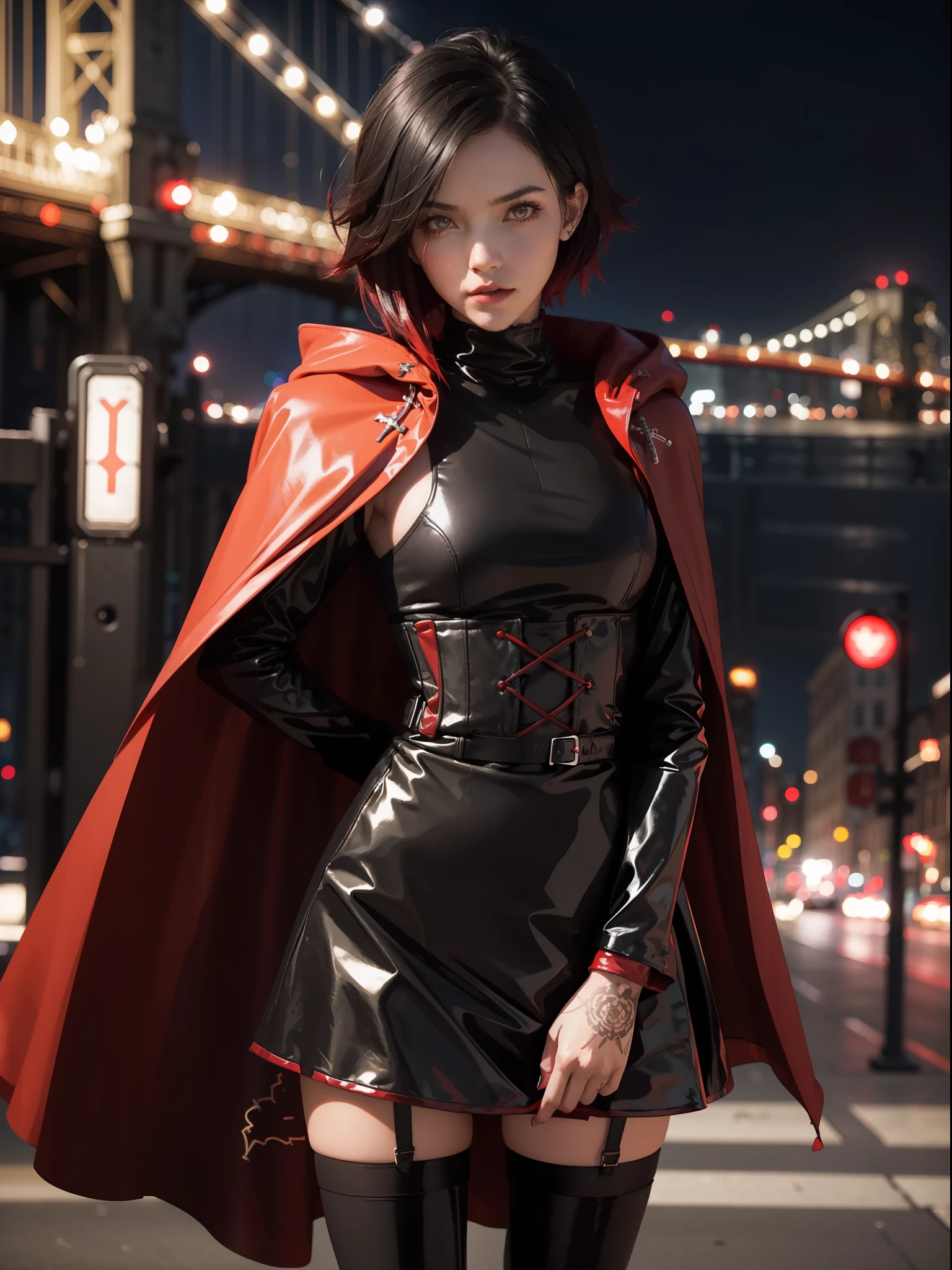 (1girl),ruby rose, wearing latex gloves, (black dress+long sleeves), (red cape), (pantyhose:0.9), Canon EOS R, deep bokeh, 80mm lens, night city, Brooklyn Bridge, neon lights, cinematic framing.