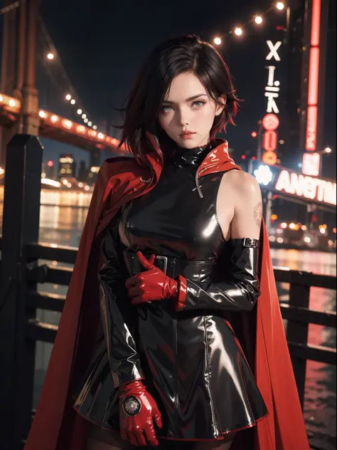 (1girl),ruby rose, wearing latex gloves, (black dress+long sleeves), (red cape), (pantyhose:0.9), Canon EOS R, deep bokeh, 80mm ...