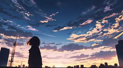 anime,silhouette,1girl, star (sky), cloud, cityscape, building, city, outdoors, skyscraper, city lights, night, night sky, sunse...