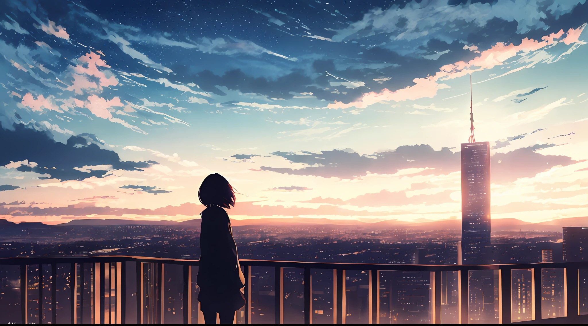 Anime,silhouette,1fille, étoile (ciel), nuage, villescape, bâtiment, ville, en plein air, cielscraper, ville lights, nuit, nuit ciel, coucher de soleil, cielline