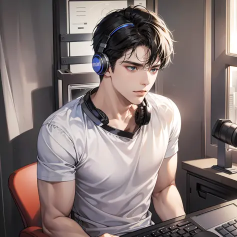 Masterpiece, high quality, best quality, HD, realistic, perfect lighting, detailed body, 1 man, short black hair, white t-shirt, calm expression, wearing headphones, facing the computer monitor, in the room