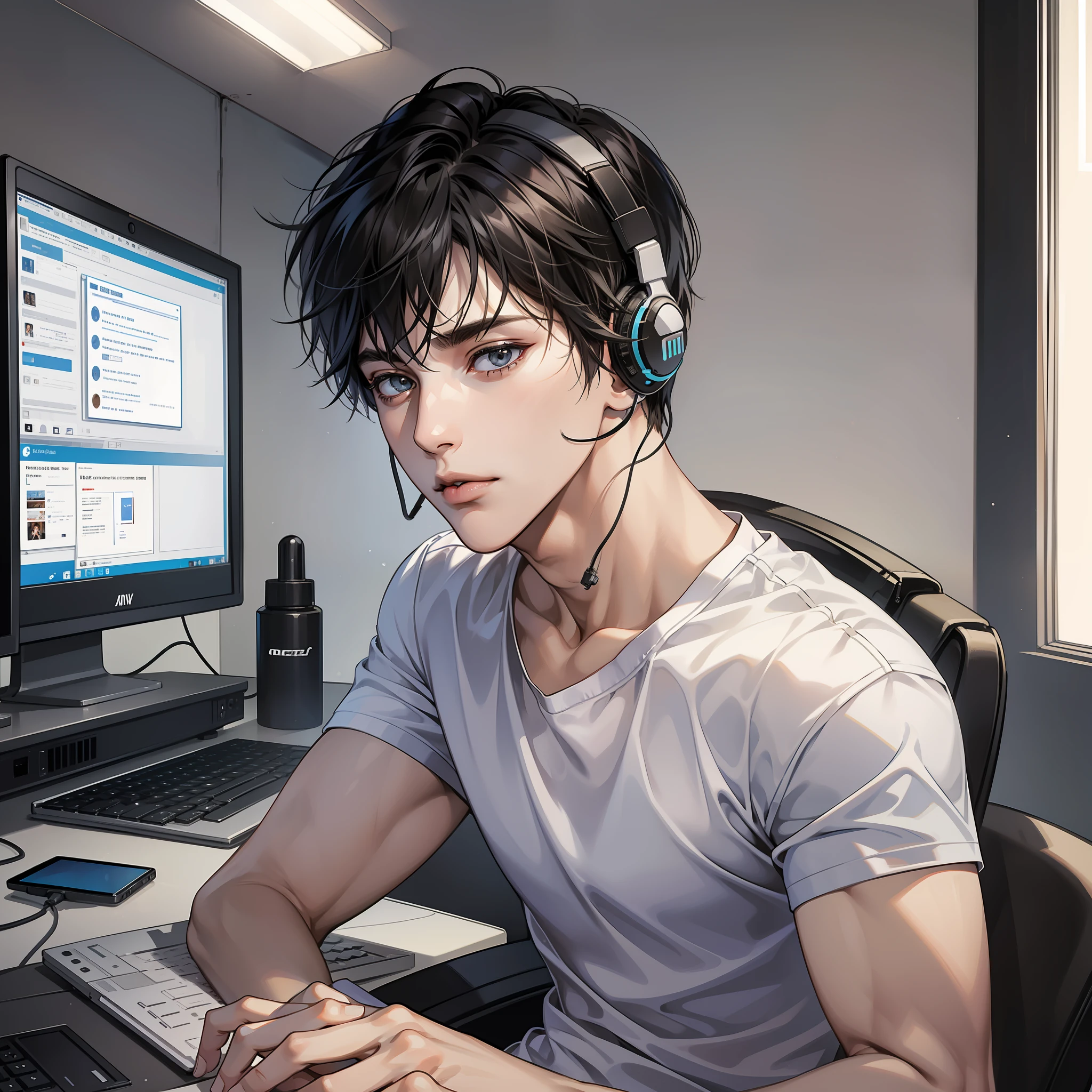 Masterpiece, high quality, best quality, HD, realistic, perfect lighting, detailed body, 1 man, short black hair, white t-shirt, calm expression, wearing headphones, facing the computer monitor, in the room