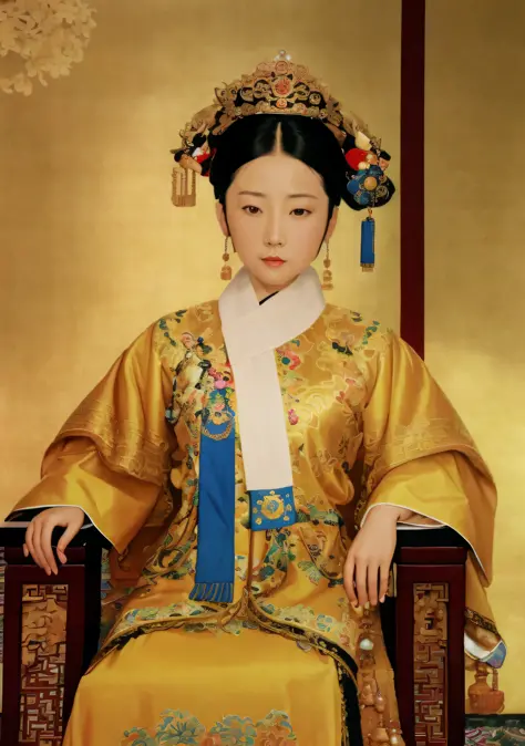 arafed image of a woman in a yellow dress sitting on a chair, qing dynasty, chinese empress, seated in royal ease, qing dynasty ...