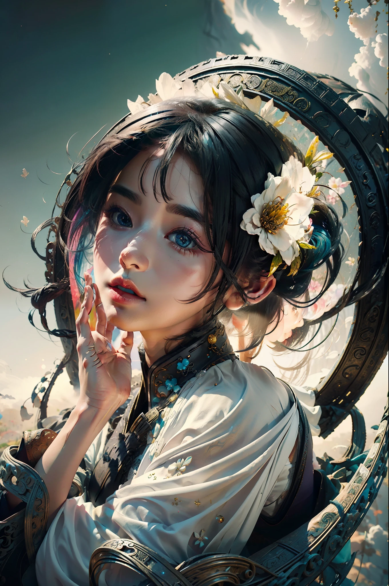 zhongfenghua, 1 chica, (cuerpo completo) solo, hanfu, campo de flores, florecer, (humo blanco:1.3) (Fotorrealista:1.4), zEnredar, mandala, Enredar, arte oficial, fondo de pantalla de unidad 8k, ultra detallado, hermoso y estetico, obra maestra,mejor calidad, (ángulo dinámico:1.4), piel brillante, (destellos de colores flotantes:1) La forma más bella de caos., elegant, un brutalista diseñado, colores vivos, Romanticismo Profundidad de campo,