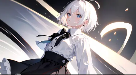 ((masterpiece, best quality)), (1girl), (solo), (female focus), (ahoge, white hair, short hair, undercut), (black eyes), ((white...