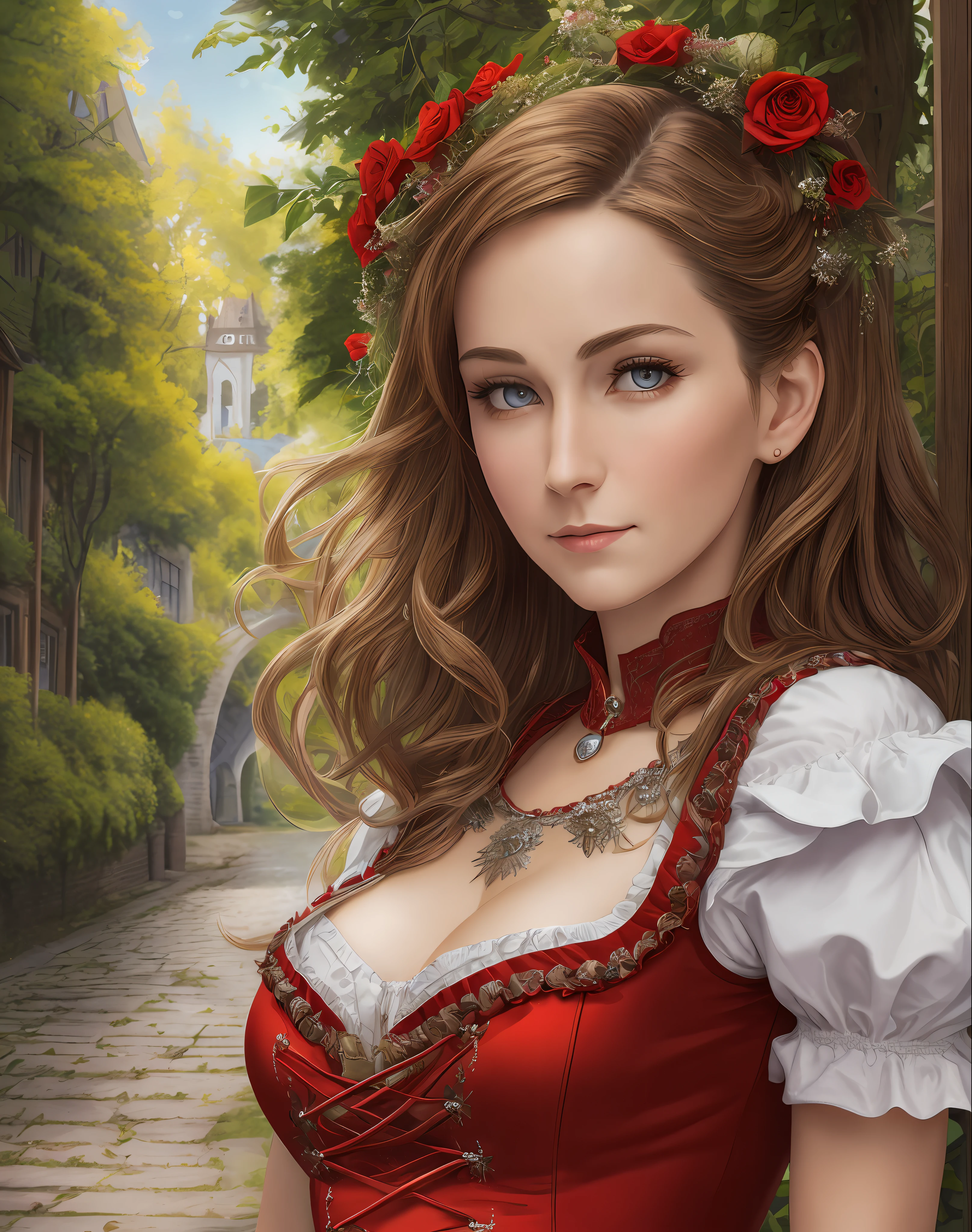 Masterpiece, absurdists, fine details, HDR, highly detailed face and eyes, photorealistic, dirndl, a woman in red dress glued to the body poses for a photo, German woman