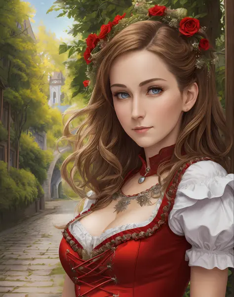 Masterpiece, absurdists, fine details, HDR, highly detailed face and eyes, photorealistic, dirndl, a woman in red dress glued to...