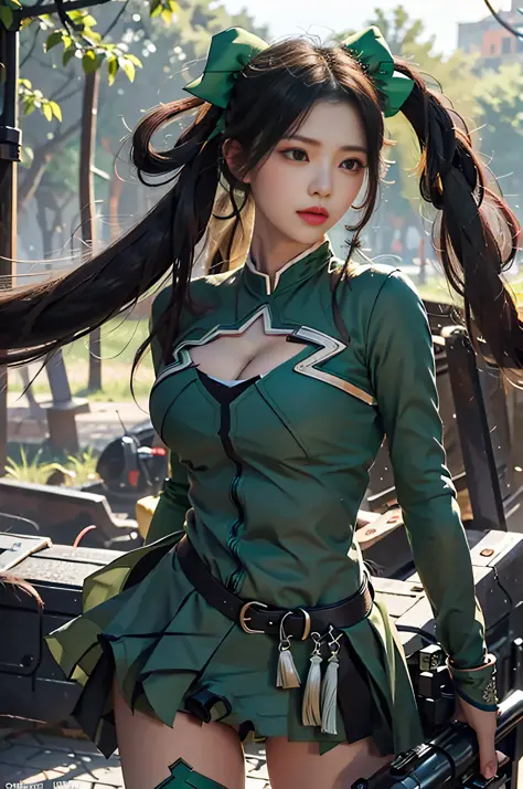 (Masterpiece, best quality, rich detail, realism: 1.3), (ulzzang-6500-v1.1:0.7), 1girl, upper body, green clothes, hold heavy ty...